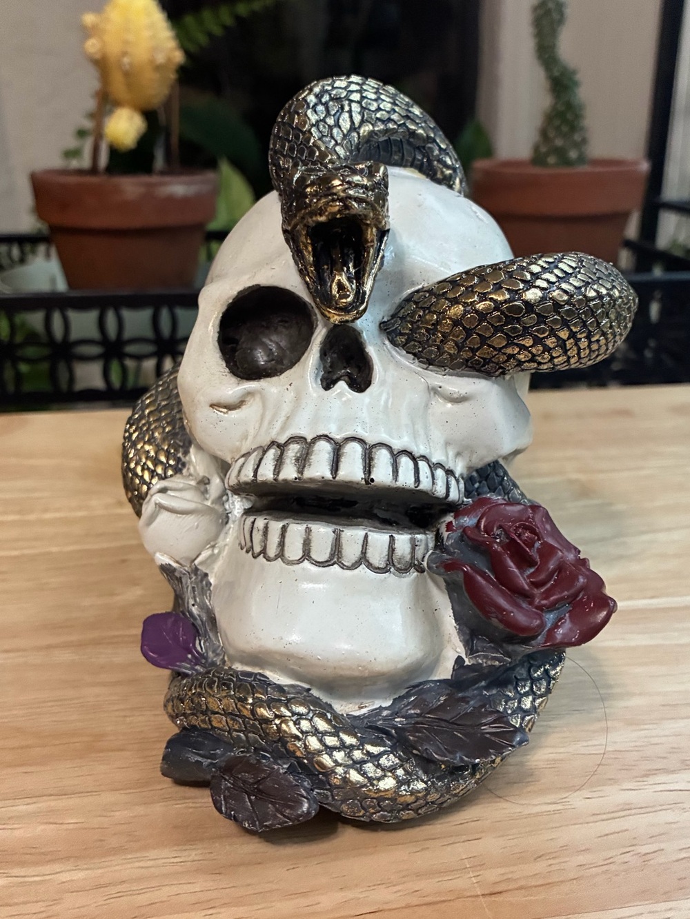 Gothic Resin Skull Figurine Gold Snake Serpent Wrap & Roses Halloween Decor